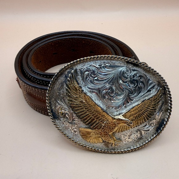 Montana Silversmiths American Eagle Belt Buckle Deep Silver Plate with Brown Be